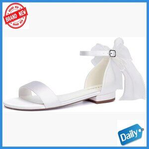 Satin Wedding Flats with Pearls and Bow, Open Toe Bridal Sandals